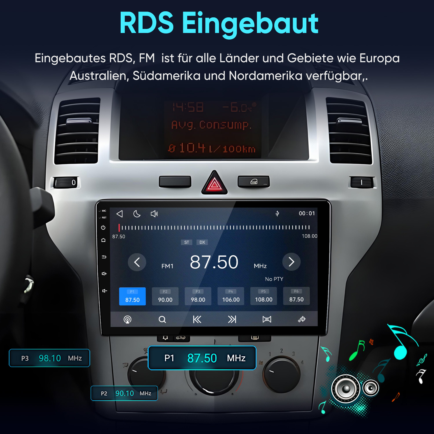 Ein Car-Audio-System mit Touchscreen in einem Armaturenbrett, das die FM-Radiofrequenz anzeigt.