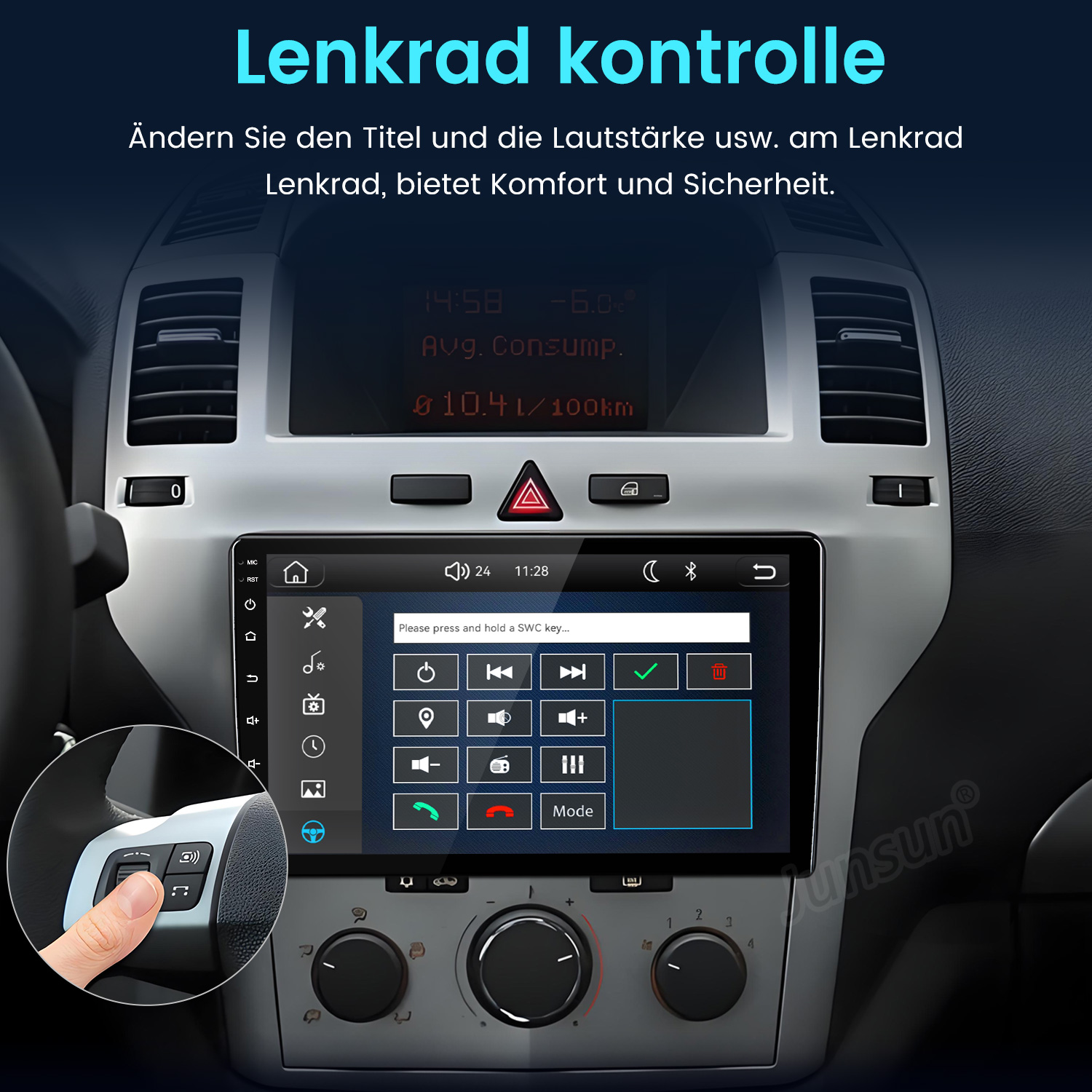 Ein Auto-Armaturenbrett mit Touchscreen-Multimedia-System und Einblendung zur Lenkradbedienung.