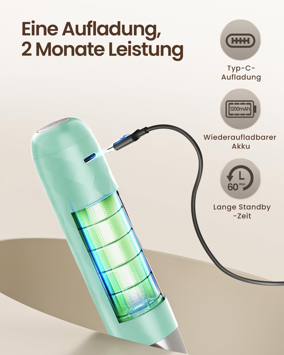 Grünes Gerät mit sichtbarem Akku und USB-C-Ladekabel, dazu Text und Symbole.