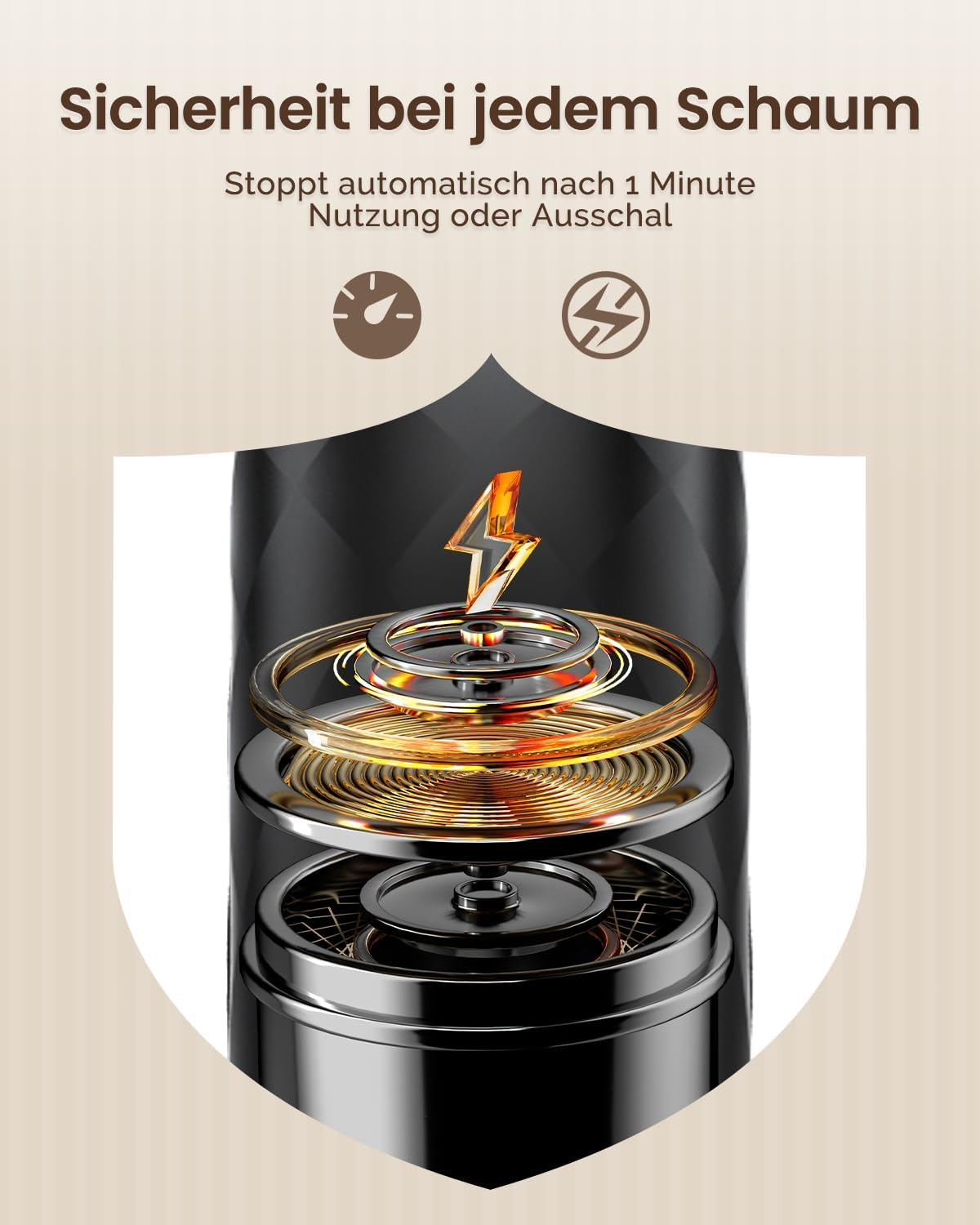 Sicherheitsfunktion mit automatischem Stopp nach einer Minute und Energie-Symbolen auf einem Gerät.