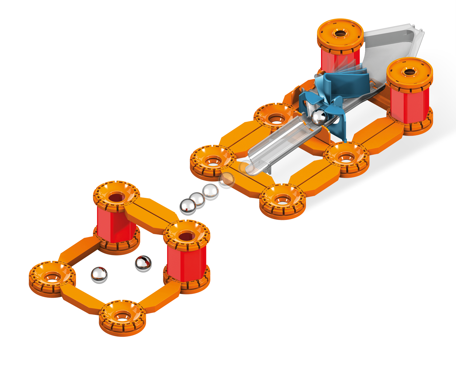 Una pista per biglie arancione e rossa con sfere metalliche che rotolano lungo binari e componenti.
