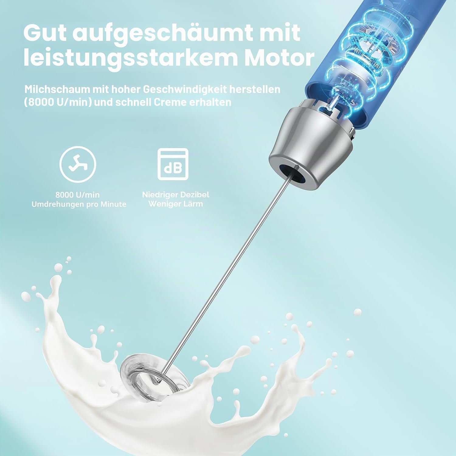 Milchaufschäumer mit blauem Gehäuse und Edelstahlstab mixt Milch mit spritzendem Milchschaum und Text.