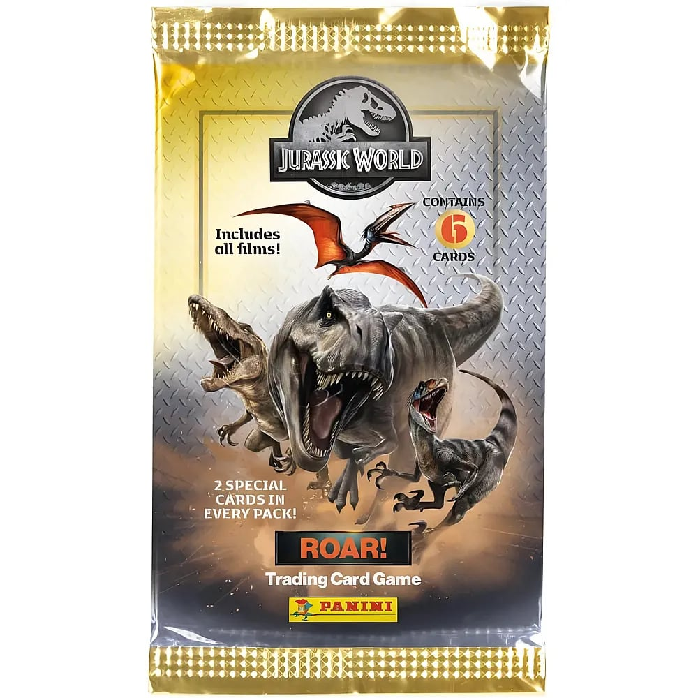 Glänzende Jurassic World Sammelkartenpackung mit T-Rex, Raptoren und Pterodaktylus.