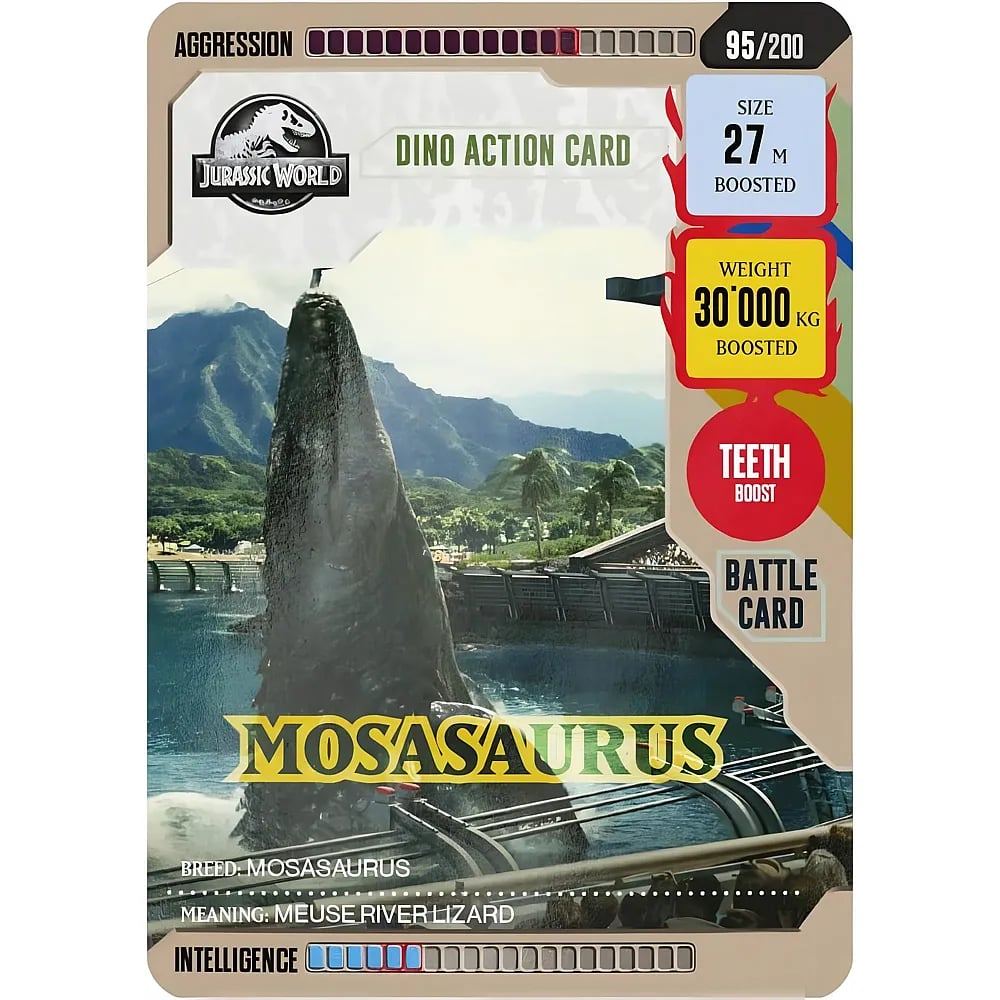 Jurassic World Mosasaurus Actionkarte mit Statistiken vor einer tropischen Berglandschaft.