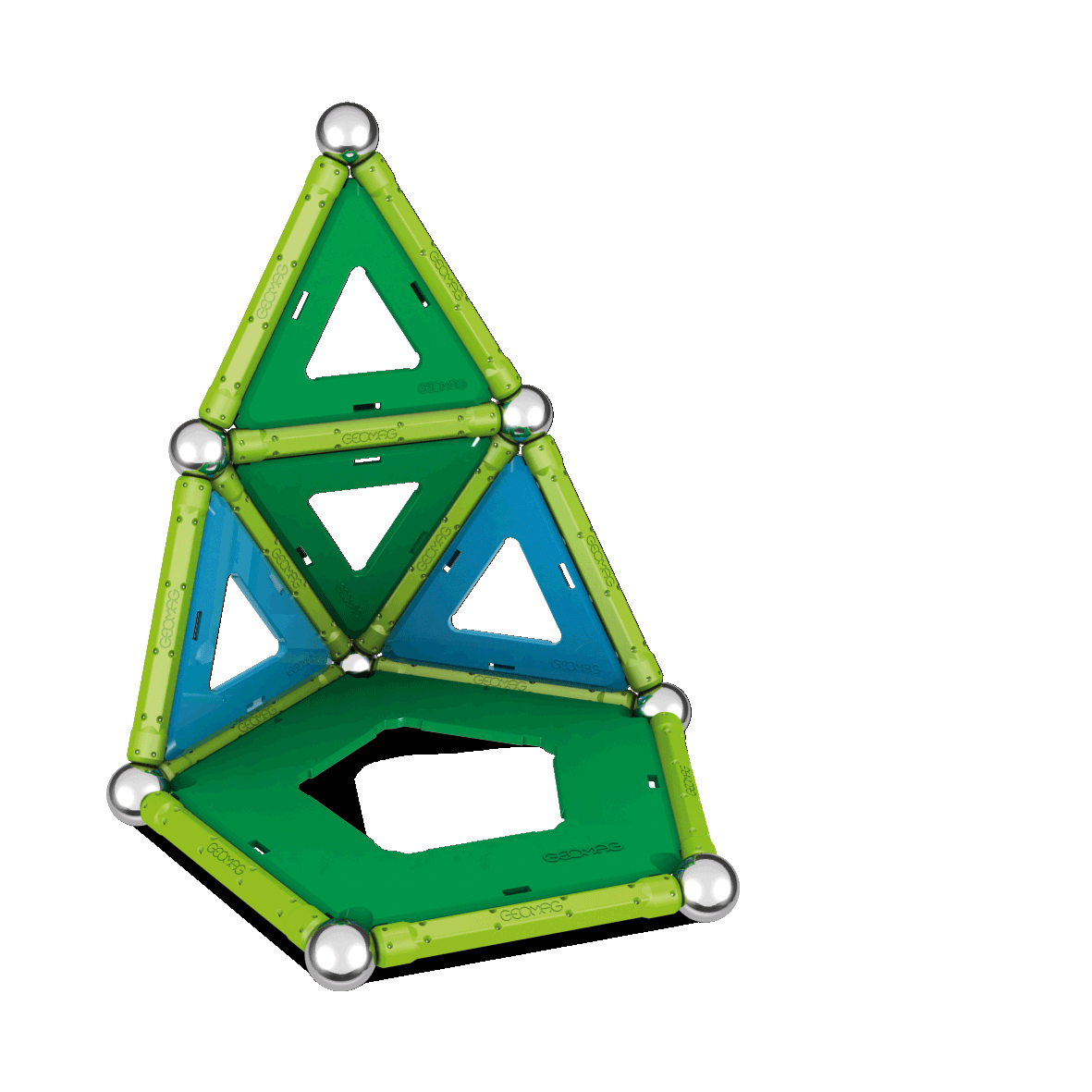 Una struttura triangolare fatta di barrette magnetiche Geomag verdi e blu e sfere d'argento.