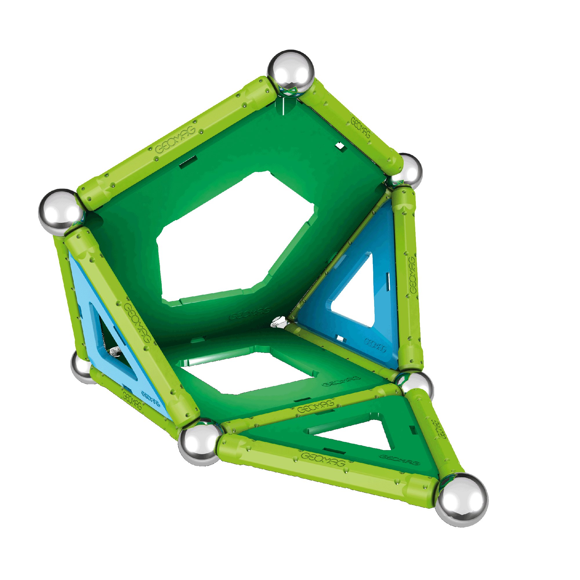 Struttura geometrica fatta di bacchette magnetiche verdi e blu, pannelli e sfere argentate.