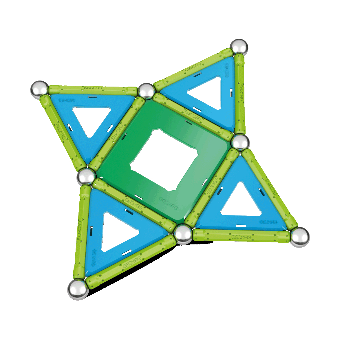 Un giocattolo di costruzione magnetico a forma di stella con pezzi verdi, blu e sfere argentate.