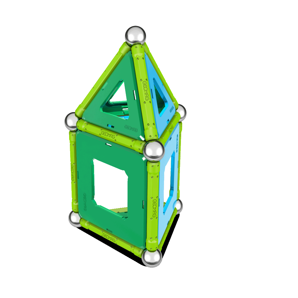 Un gioco di costruzione geometrico con barrette magnetiche verdi e blu e sfere argentate.