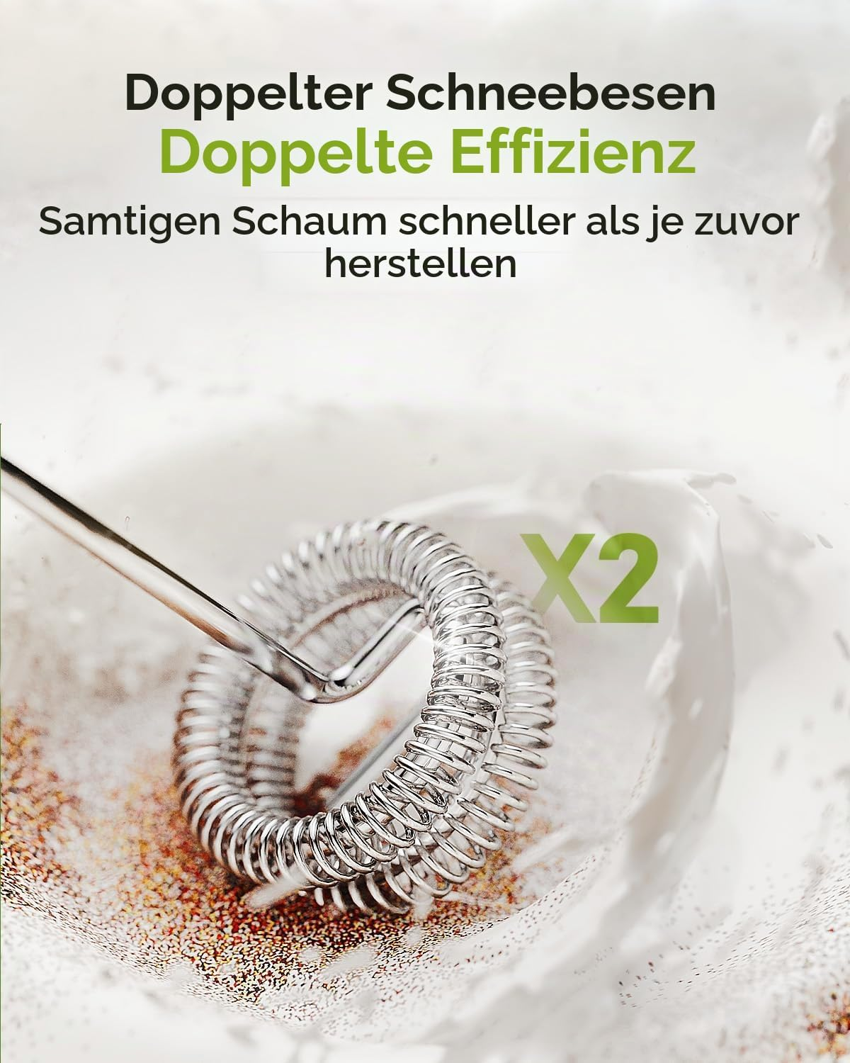 Doppelter Schneebesen für samtigen Schaum mit Text auf weißem Hintergrund.