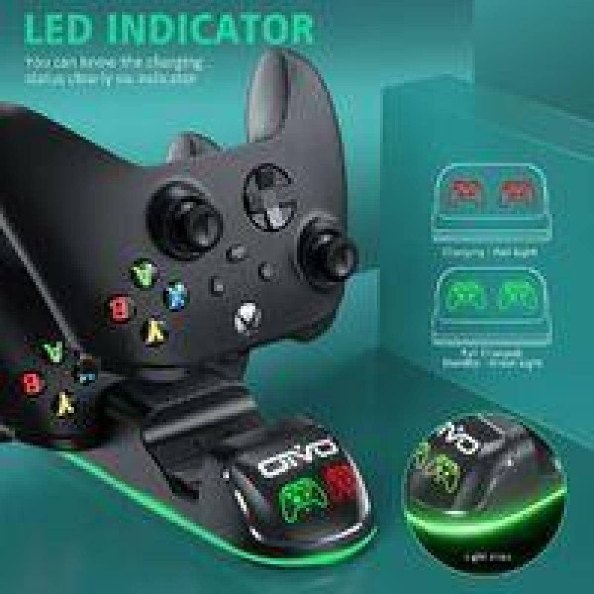 Schwarzer Controller auf einer Ladestation mit grünen LED-Anzeigen vor einem grünen Hintergrund.