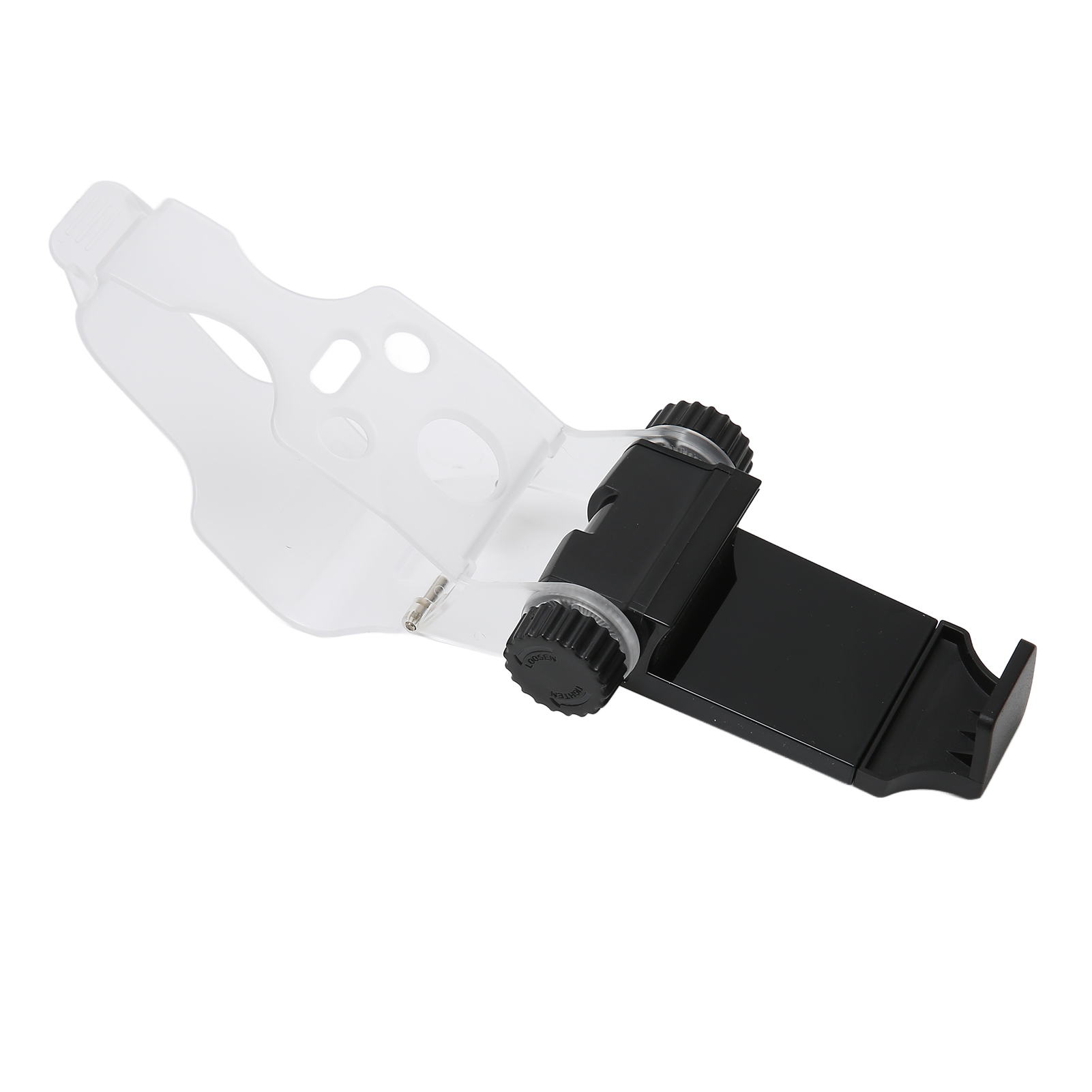 Eine schwarze Smartphone-Halterung aus Kunststoff mit durchsichtigem Adapter vor weißem Hintergrund.