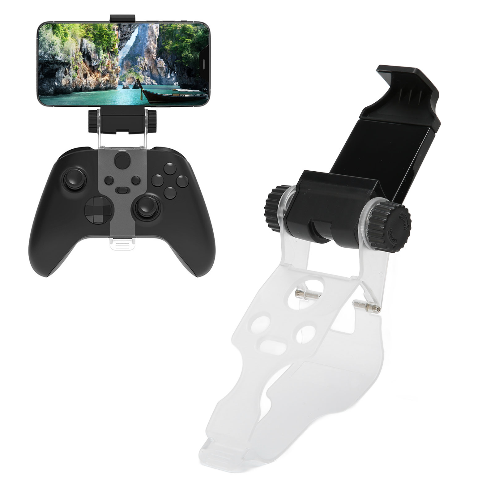 Ein Smartphone-Halter, verbunden mit einem schwarzen Gamecontroller, und eine separate Ansicht des Halters.