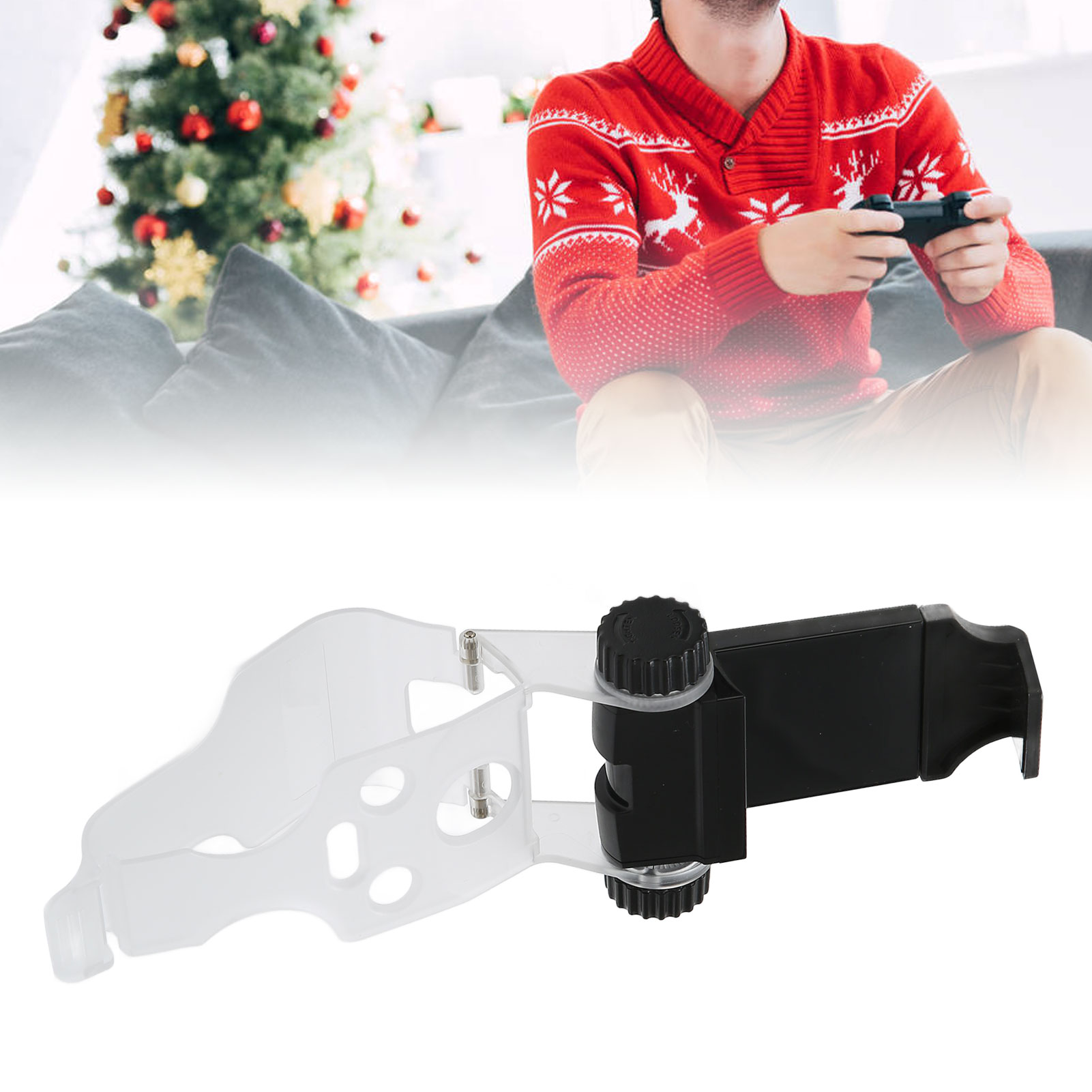 Ein weißer Kunststoffhalter mit einer schwarzen Smartphone-Halterung und Knöpfen.