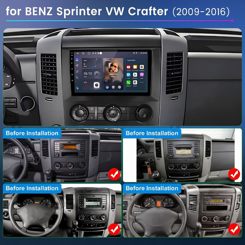 Armaturenbrett eines Mercedes Sprinter oder VW Crafter mit modernem Touchscreen und Ansichten vor der Installation.