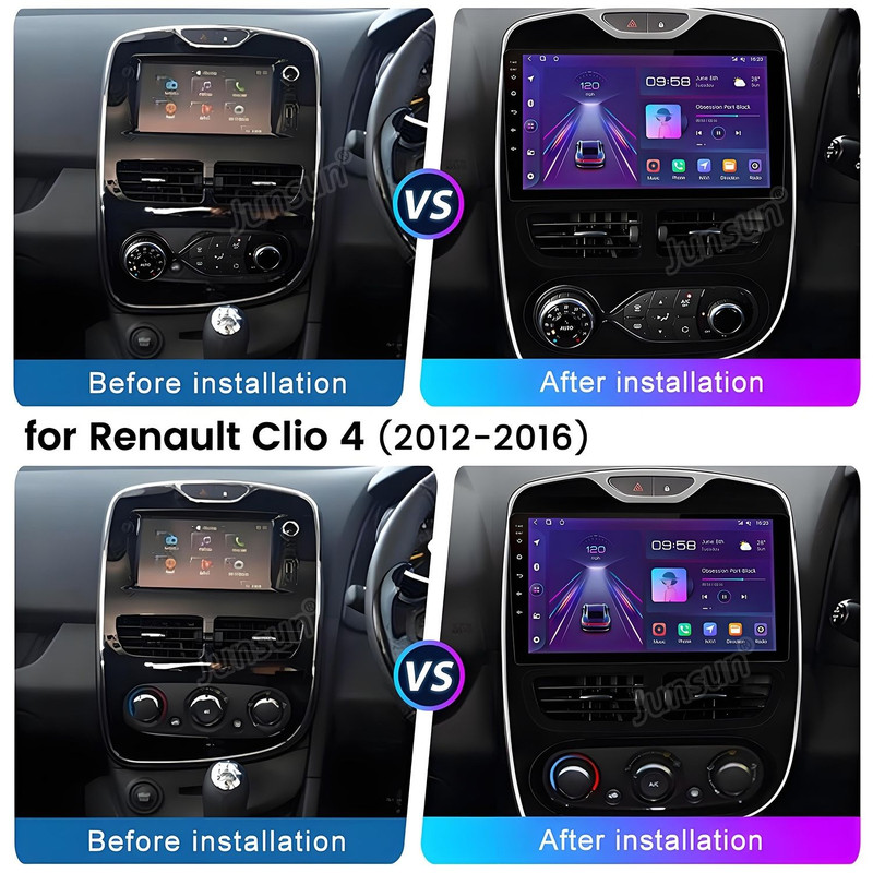 Vergleich vor und nach der Installation eines großen Touchscreen-Radios im Renault Clio 4.