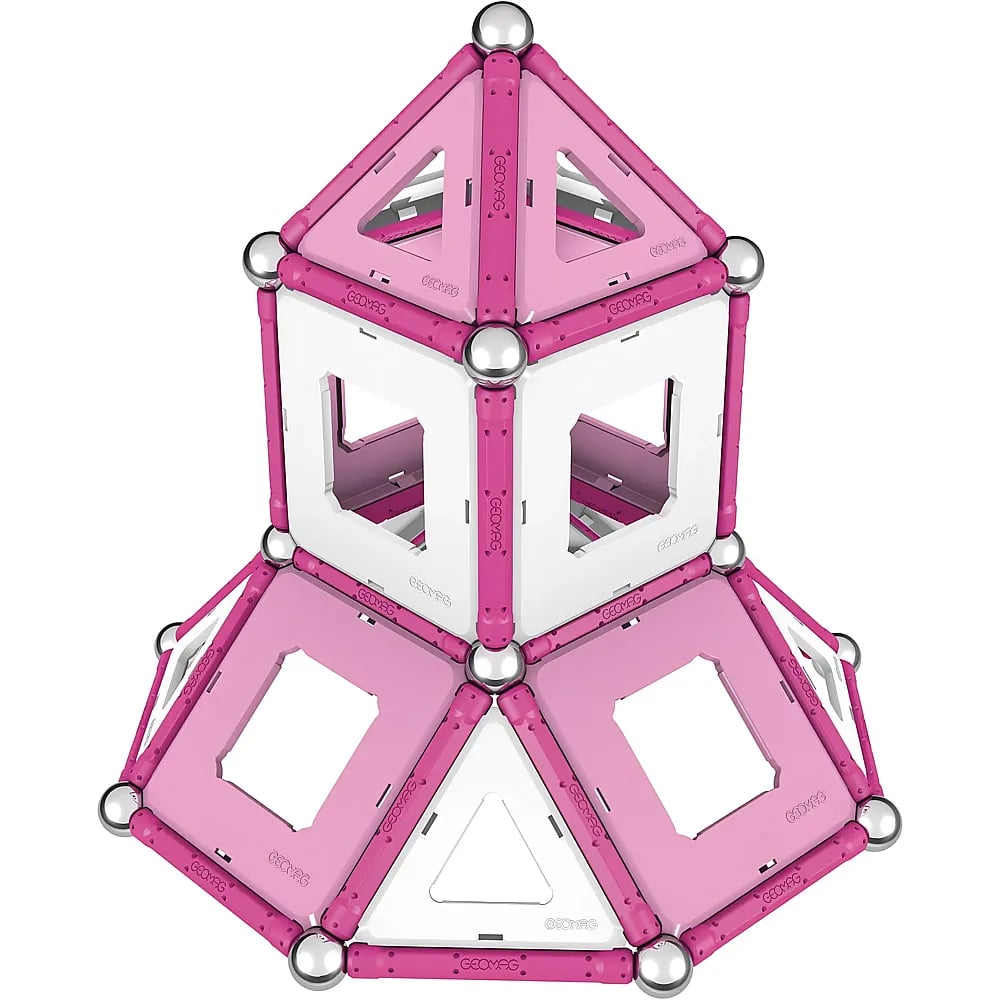 Una struttura di giocattolo magnetico Geomag rosa e bianca con barrette, sfere e pannelli.