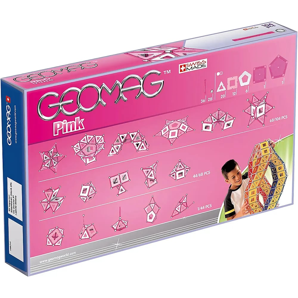 Una scatola di giocattoli rosa Geomag Pink con forme geometriche e un ragazzo sorridente.