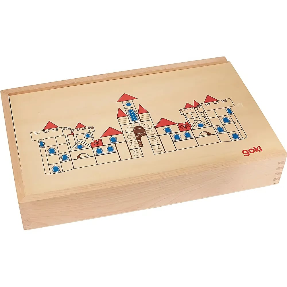 Una scatola di giocattoli in legno con l'illustrazione colorata di un castello.