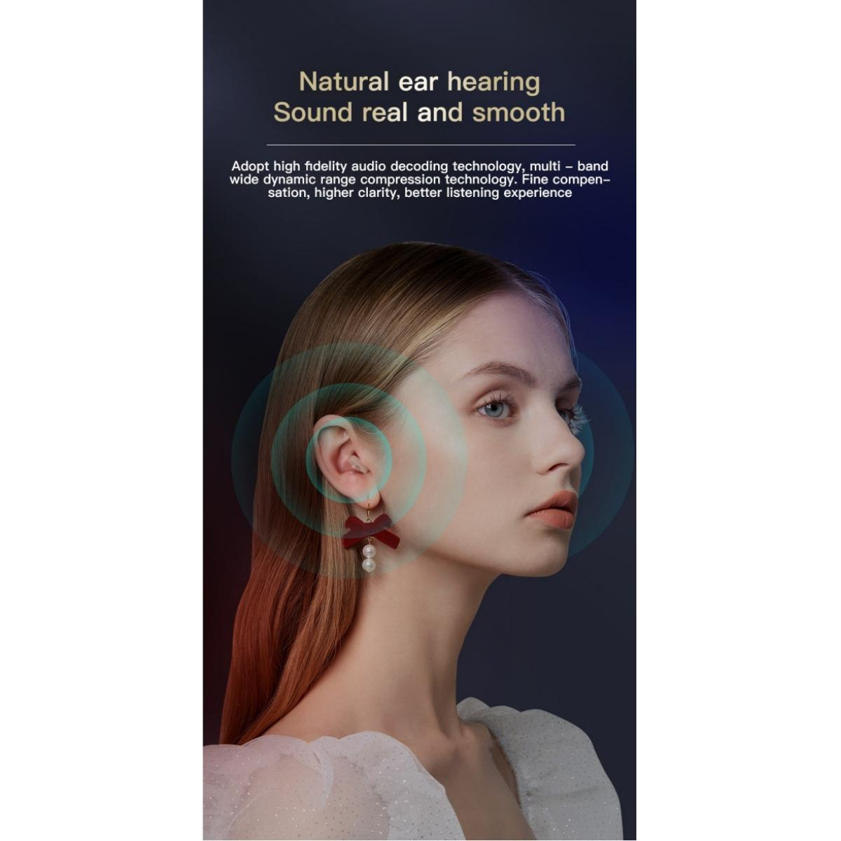 Frau mit In-Ear-Hörgerät, umgeben von Schallwellengrafiken und Text über Klangerlebnis.