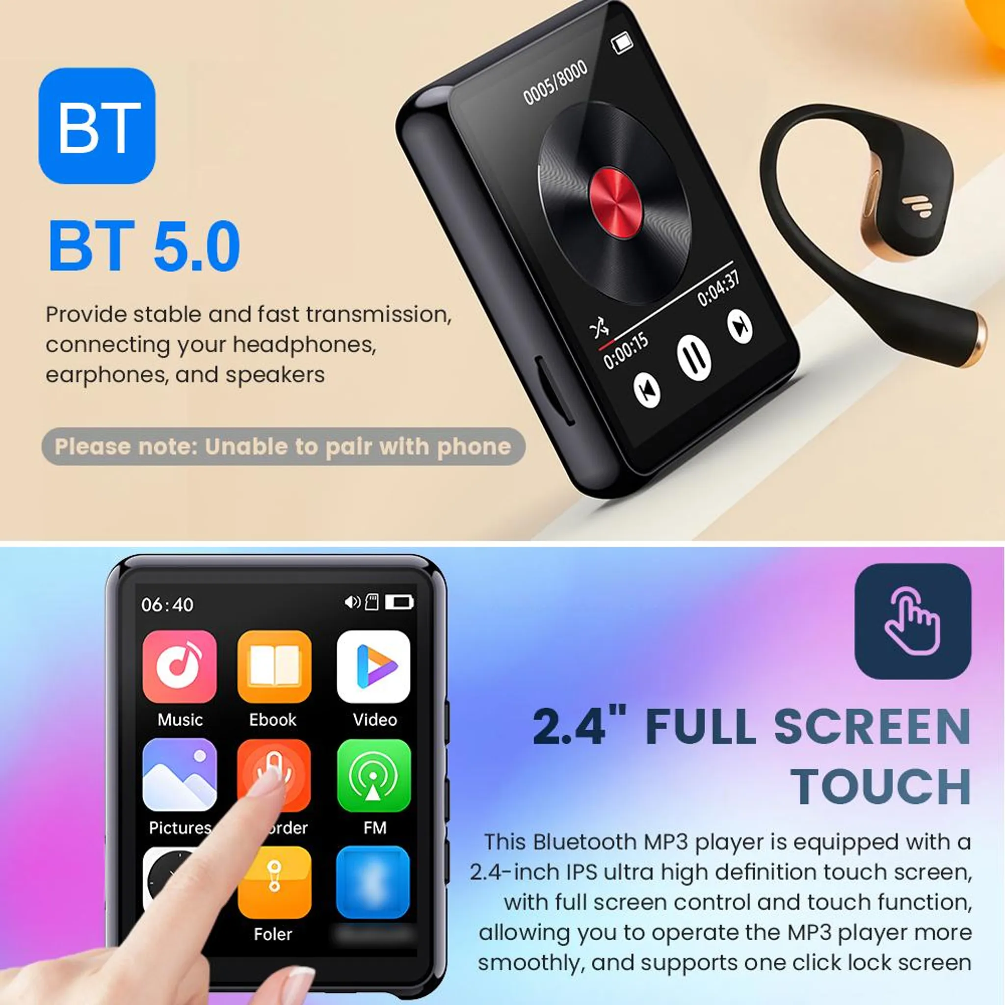 Ein Bluetooth 5.0 MP3-Player mit Touchscreen, Musikwiedergabe und kabellosen Ohrhörern.