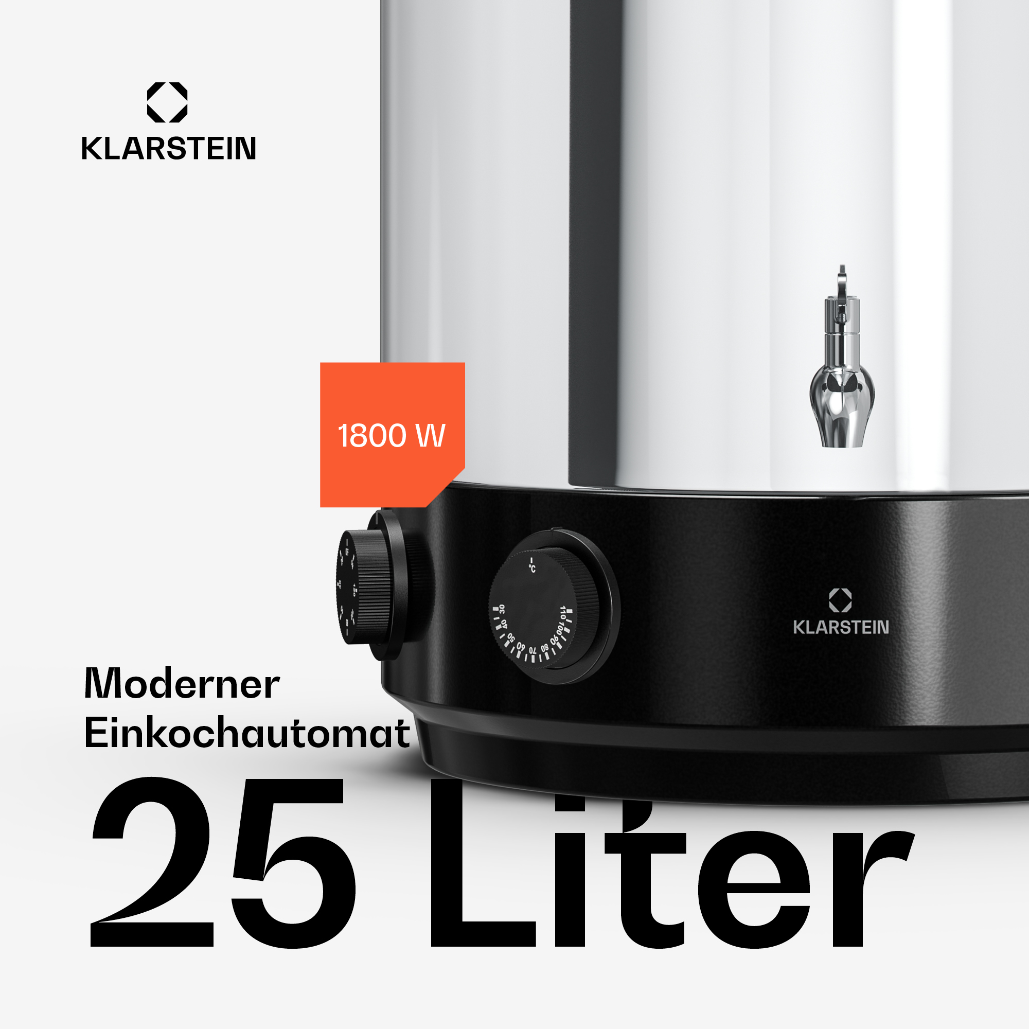 Silberner Klarstein Einkochautomat mit 25 Litern und 1800W, schwarze Basis mit Reglern.