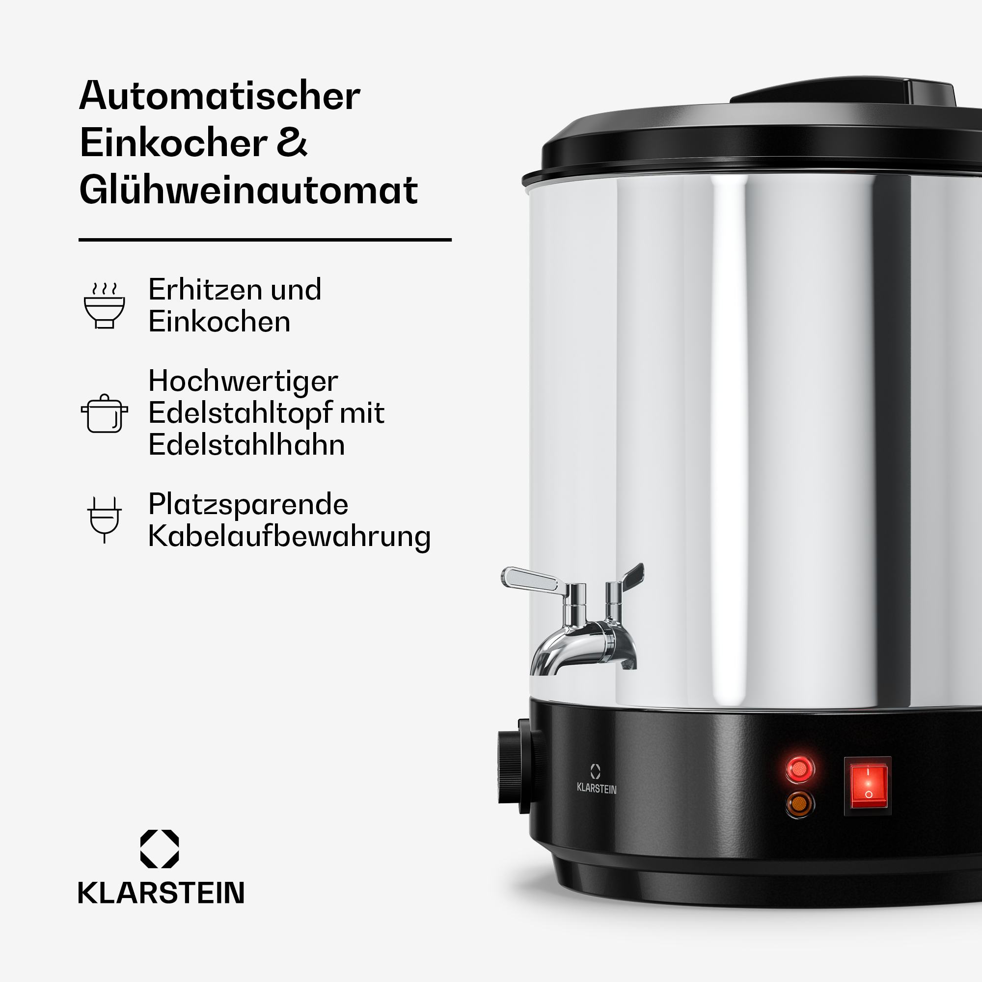 Glühweinautomat aus Edelstahl mit schwarzem Sockel und Zapfhahn.