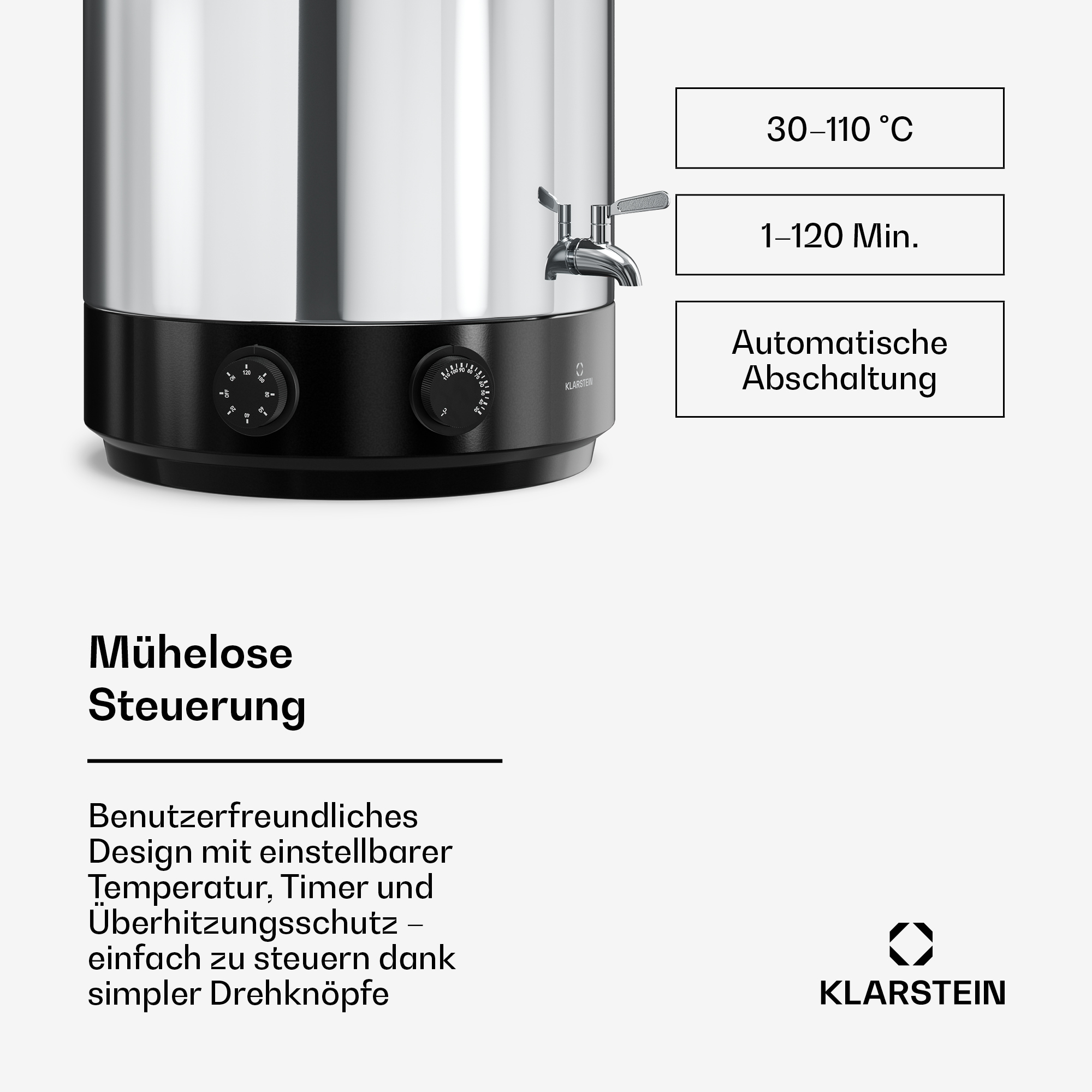 Edelstahlbehälter mit Zapfhahn, Drehreglern und Text über mühelose Steuerung und Klarstein Logo.