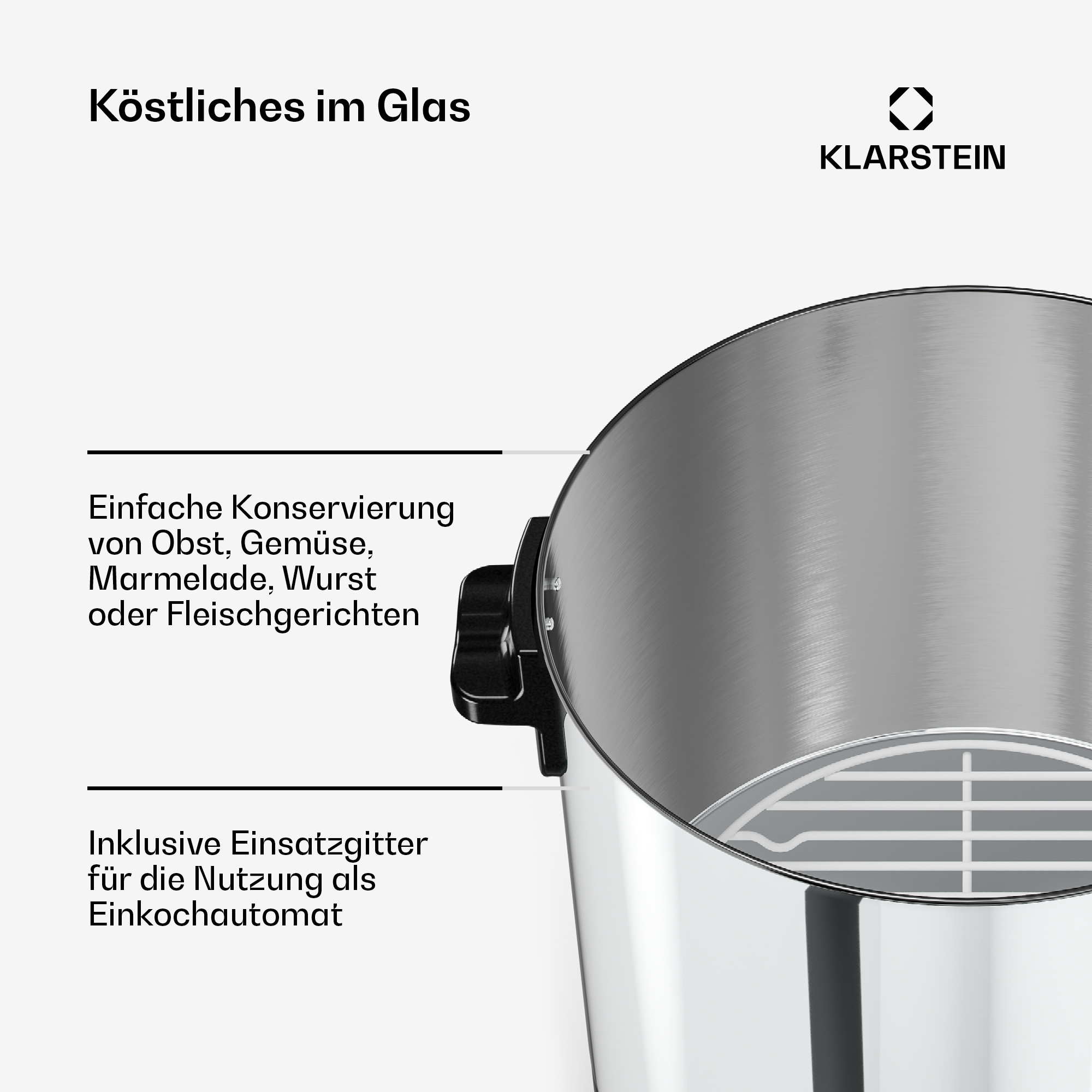 Klarstein Einkochautomat aus Edelstahl mit integriertem Gitter und Text auf weißem Hintergrund.
