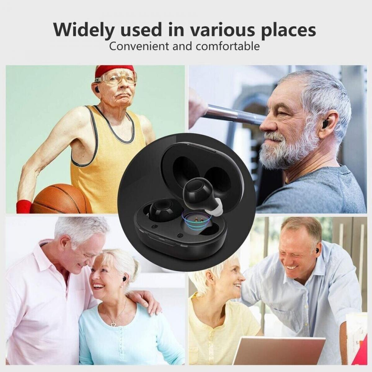 Collage zeigt ältere Erwachsene, die in verschiedenen Situationen schwarze In-Ear-Hörgeräte nutzen.