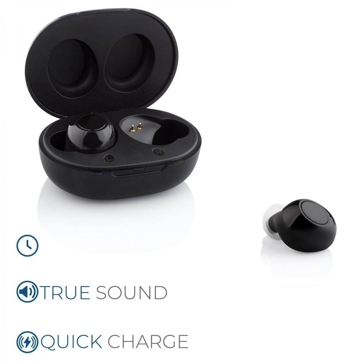 Schwarze kabellose Ohrhörer im Ladecase mit Symbolen für True Sound und Schnellladung.