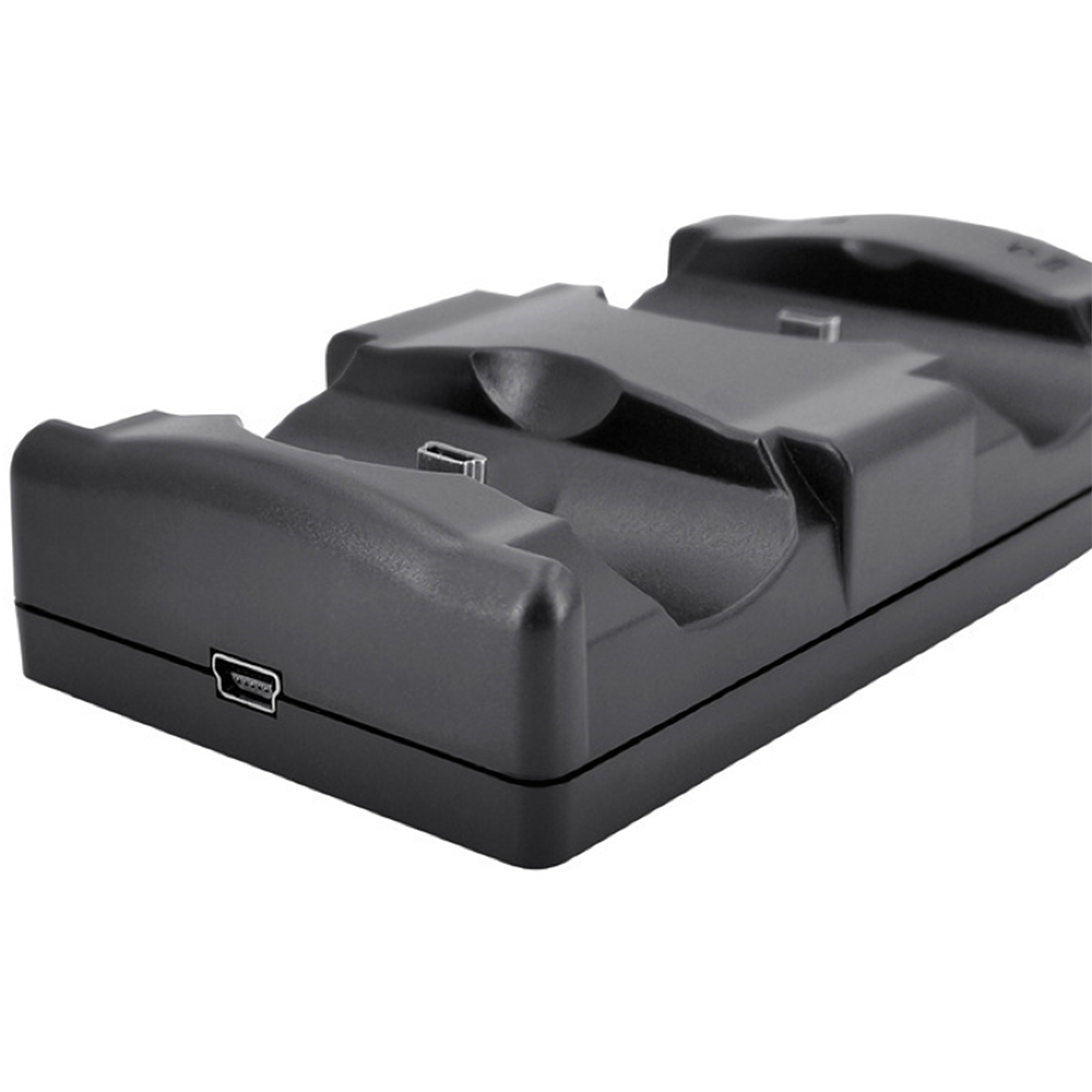 Ein schwarzer Dual-Ladeständer für Kamera-Akkus mit USB-Anschluss.