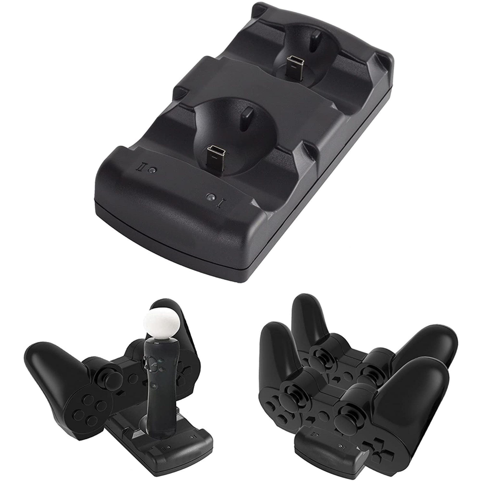 Schwarze Dual-Ladestation für Controller mit Ladeports, zwei Ansichten mit Controllern.