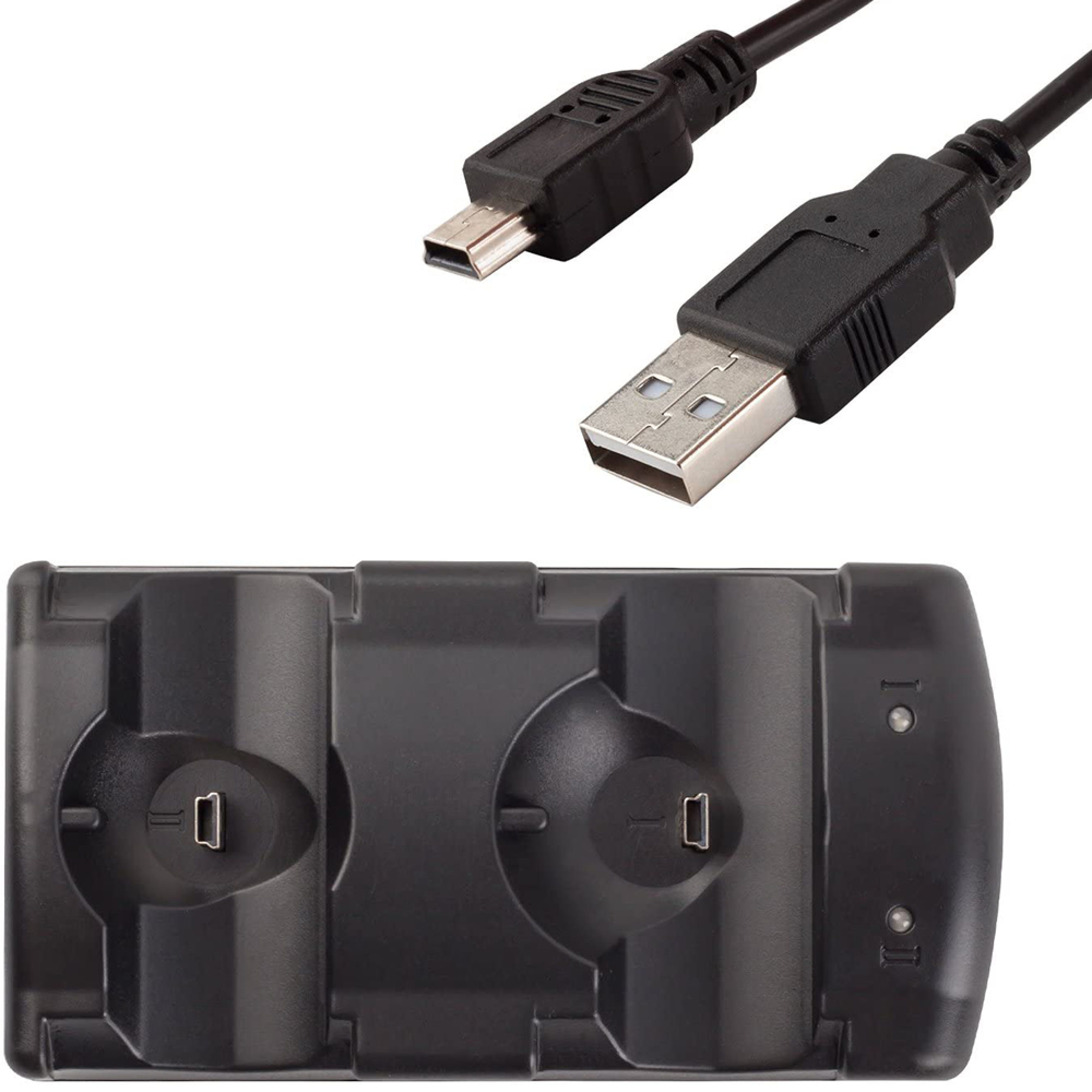 Ein schwarzes Doppel-Ladegerät mit zwei Ladeplätzen und einem dazugehörigen USB-Kabel mit Mini-USB-Anschluss.