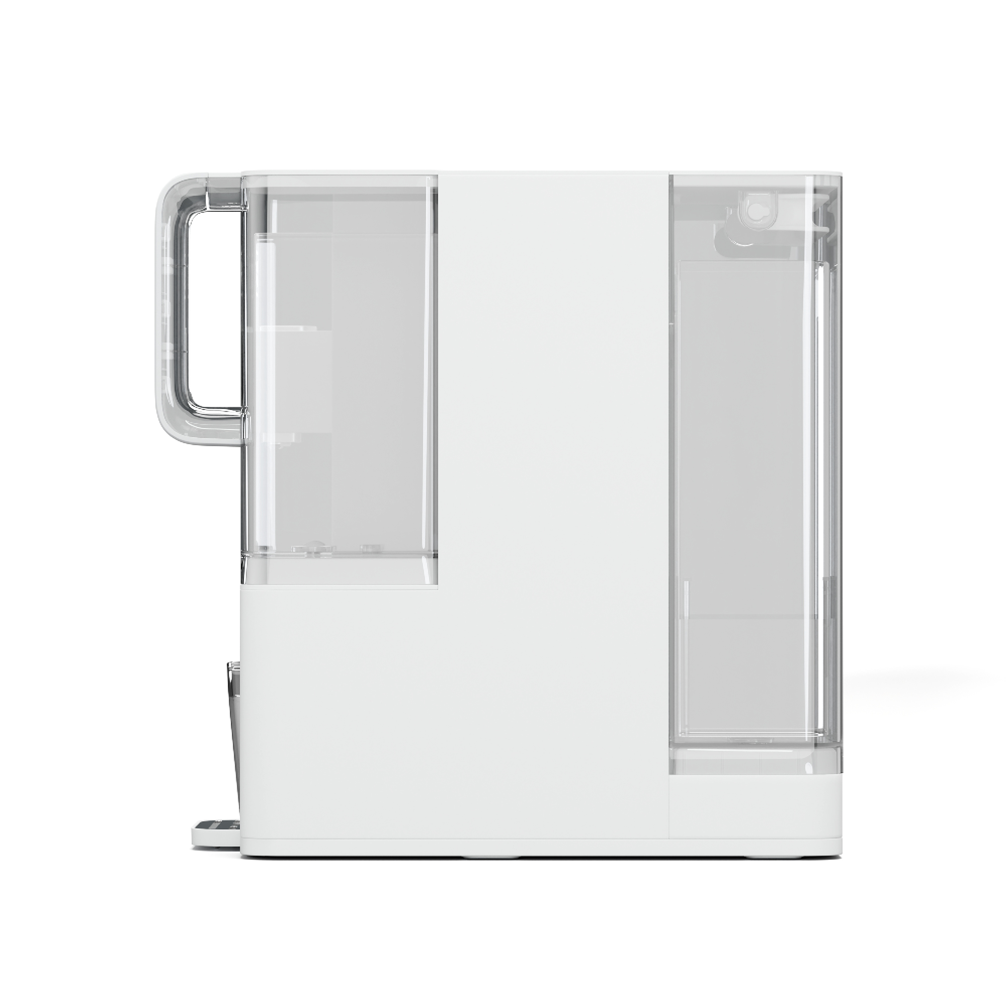 Moderne weiße Kaffeemaschine mit transparenten Wassertanks und Griff in Seitenansicht auf weißem Hintergrund.