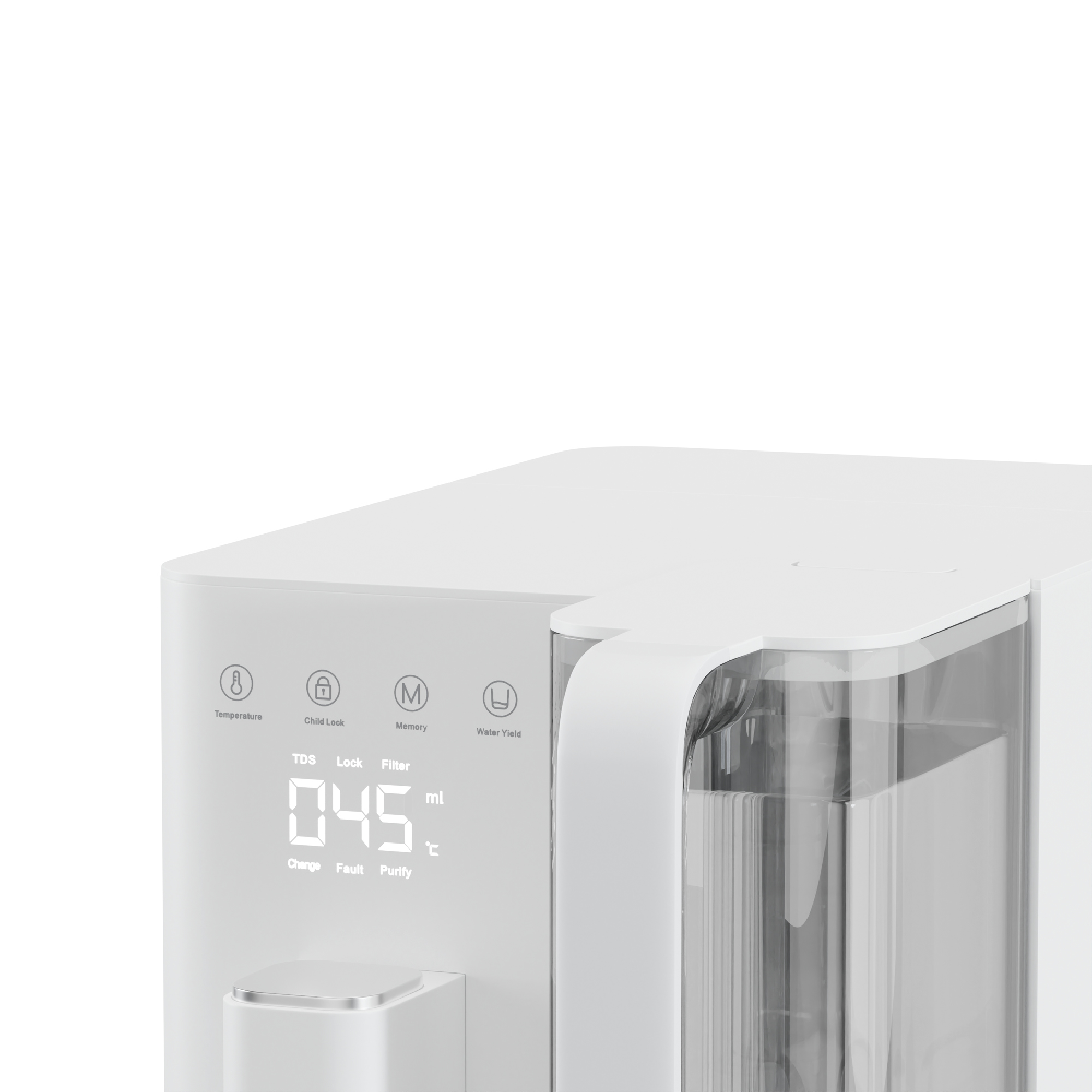 Weißer Wassertester mit digitalem Display für Temperatur und Wasserstand auf weißem Hintergrund.