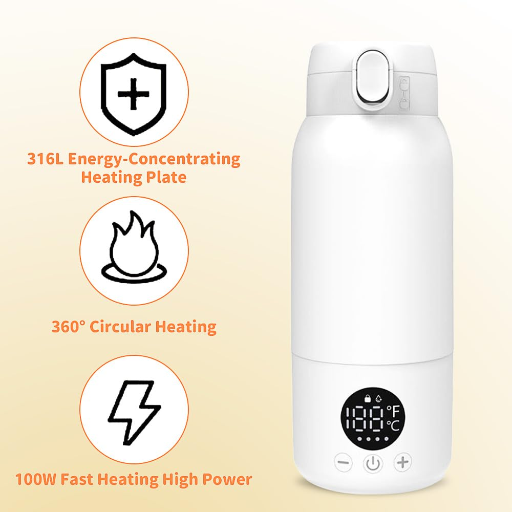 Weiße intelligente Heizflasche mit Digitaldisplay und Funktionssymbolen für Energieplatte, Kreizheizung und Schnellleistung.