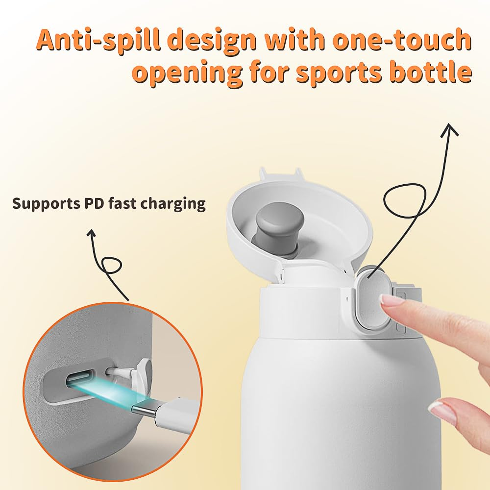 Eine Hand drückt den Knopf einer weißen Sportflasche, während ein USB-C-Anschluss für Schnellladen gezeigt wird.