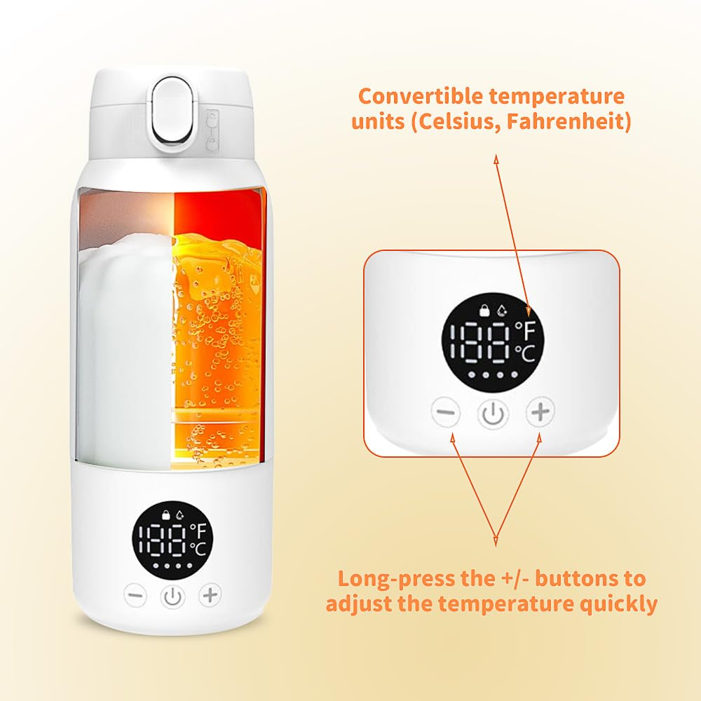 Weiße tragbare Flasche mit digitalem Temperaturdisplay und Tasten zur Einheitenauswahl.