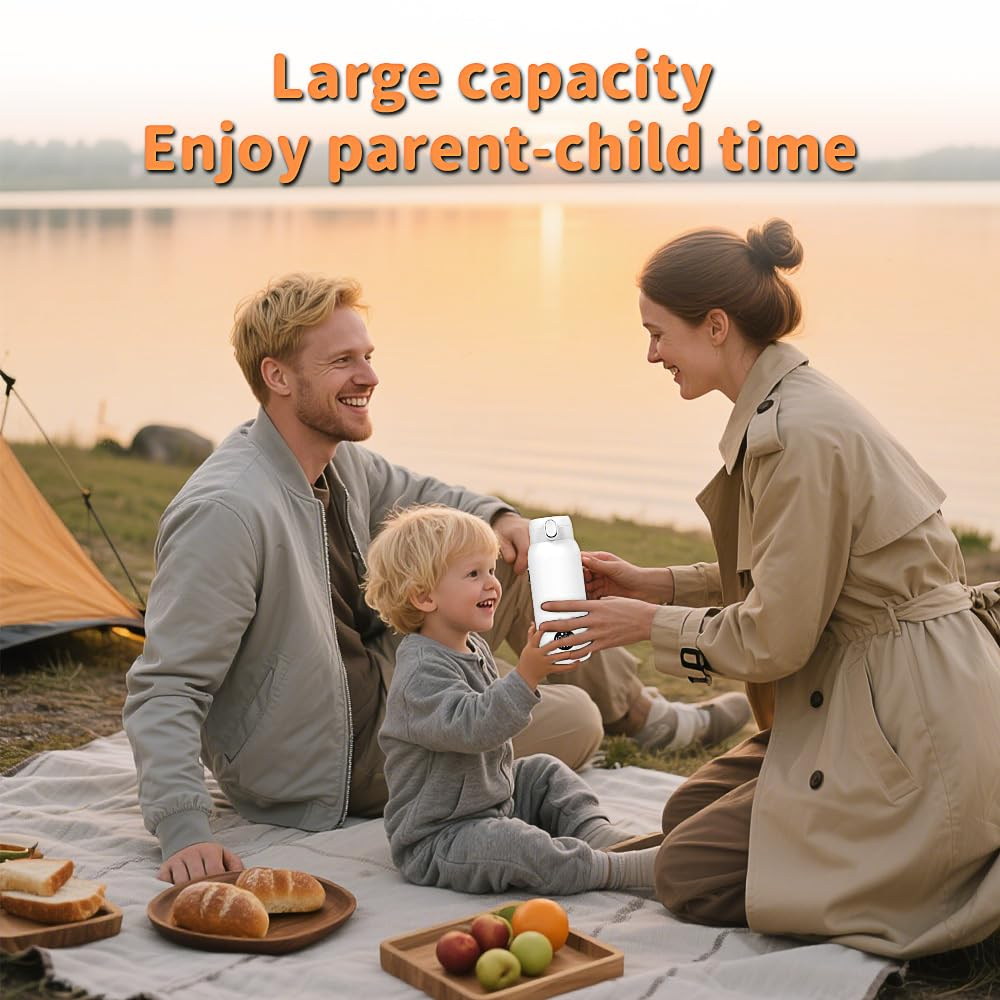 Eine Familie mit Kind genießt ein Picknick an einem See mit Texten darüber.
