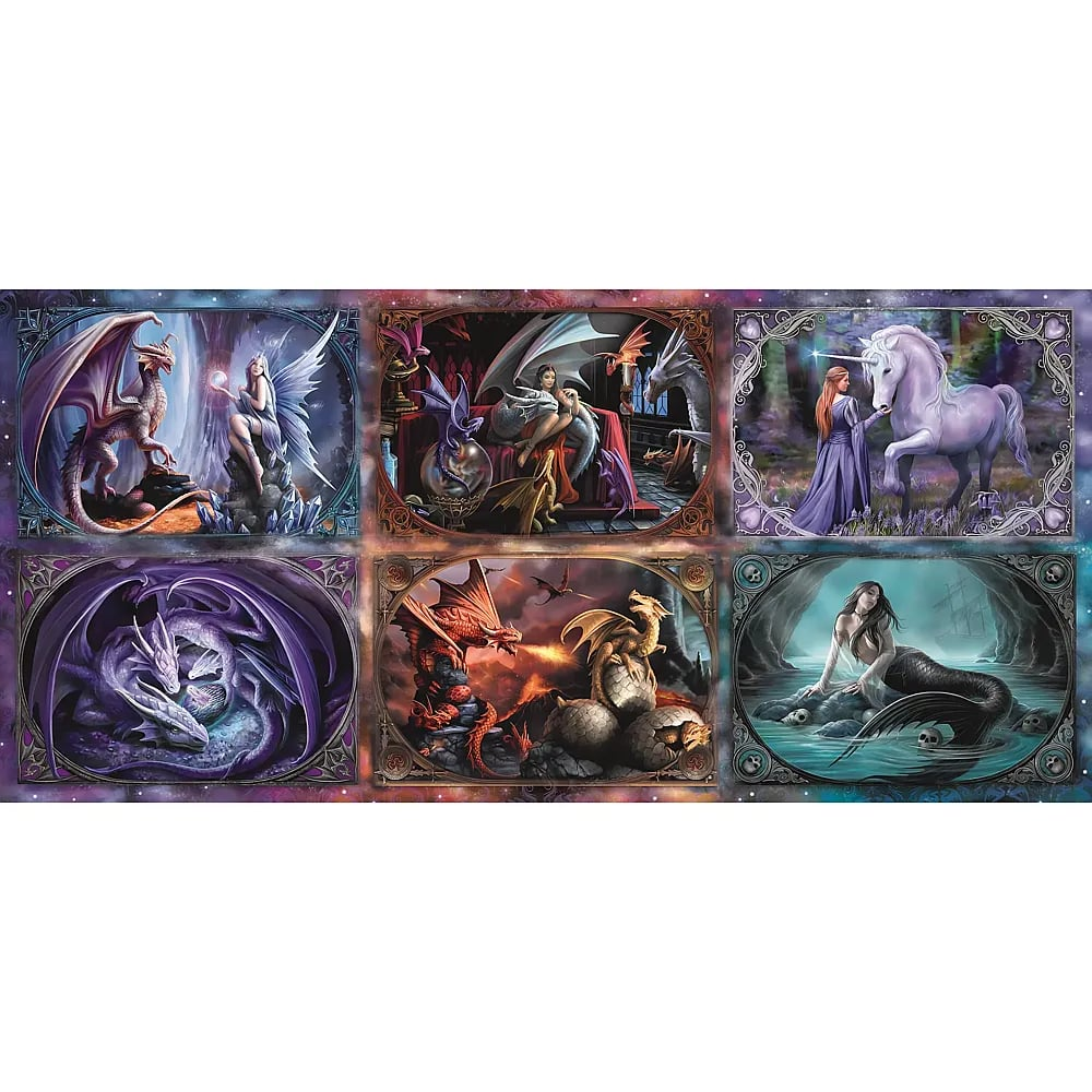 Sechs Fantasy-Bilder mit Drachen, Einhörnern, Feen und einer Meerjungfrau in detailreichen Rahmen.