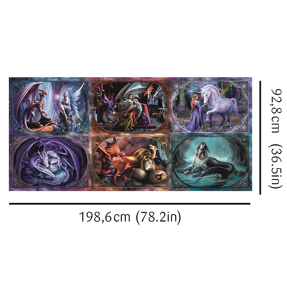 Sechs Fantasy-Bilder zeigen Drachen, Einhörner, Meerjungfrauen und Feen mit Maßen von 198,6x92,8cm.