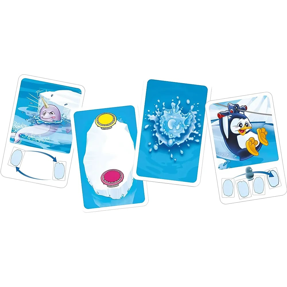 Vier bunte Spielkarten mit Narwal, Eisbergen, Wasserspritzer und Pinguin an Seilrutsche vor blauem Hintergrund.