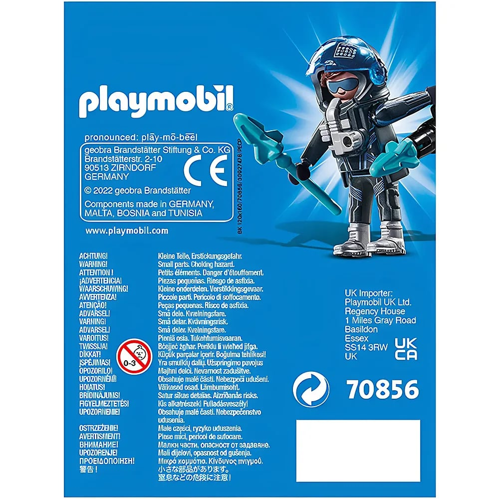 Confezione di giocattoli Playmobil con figura blu, testo e avvertenze.