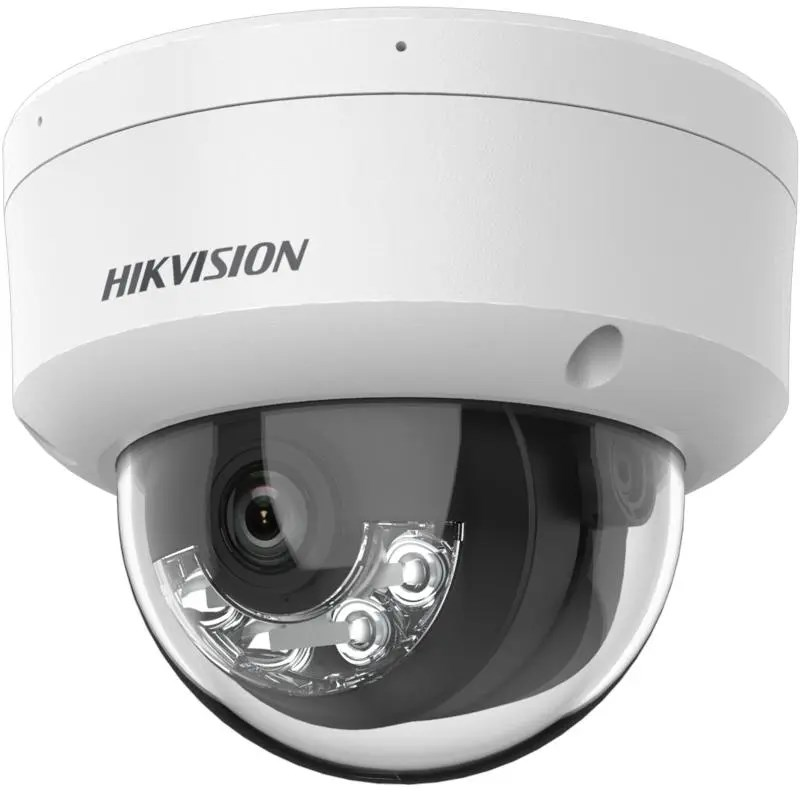 Biała kopułkowa kamera bezpieczeństwa Hikvision z diodami LED pod przezroczystą kopułą na białym tle.