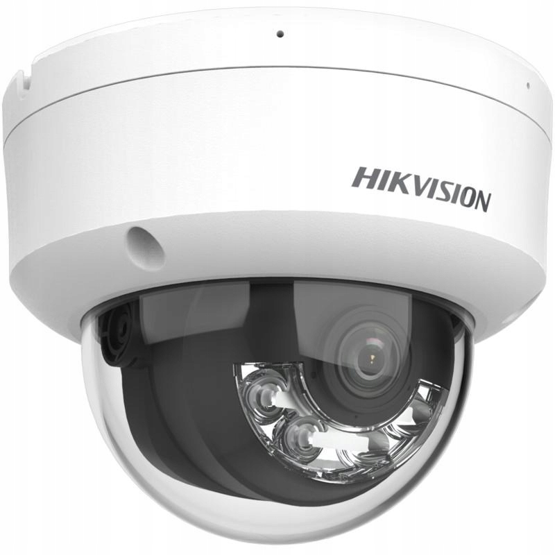 Biała kamera kopułkowa Hikvision z czarną obudową wewnętrzną na białym tle.