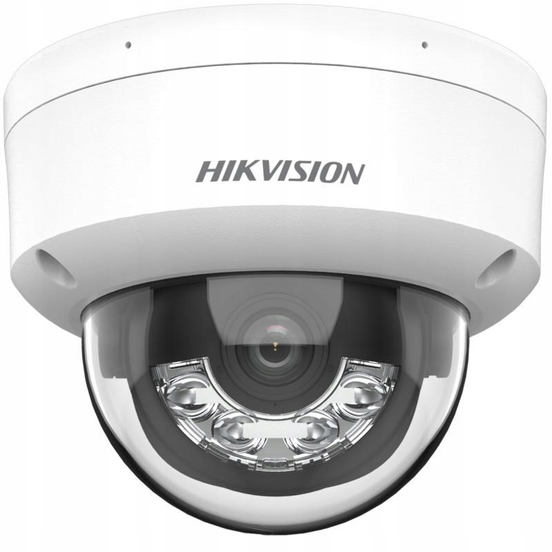 Biała kamera kopułkowa Hikvision z diodami IR i przezroczystą kopułą.