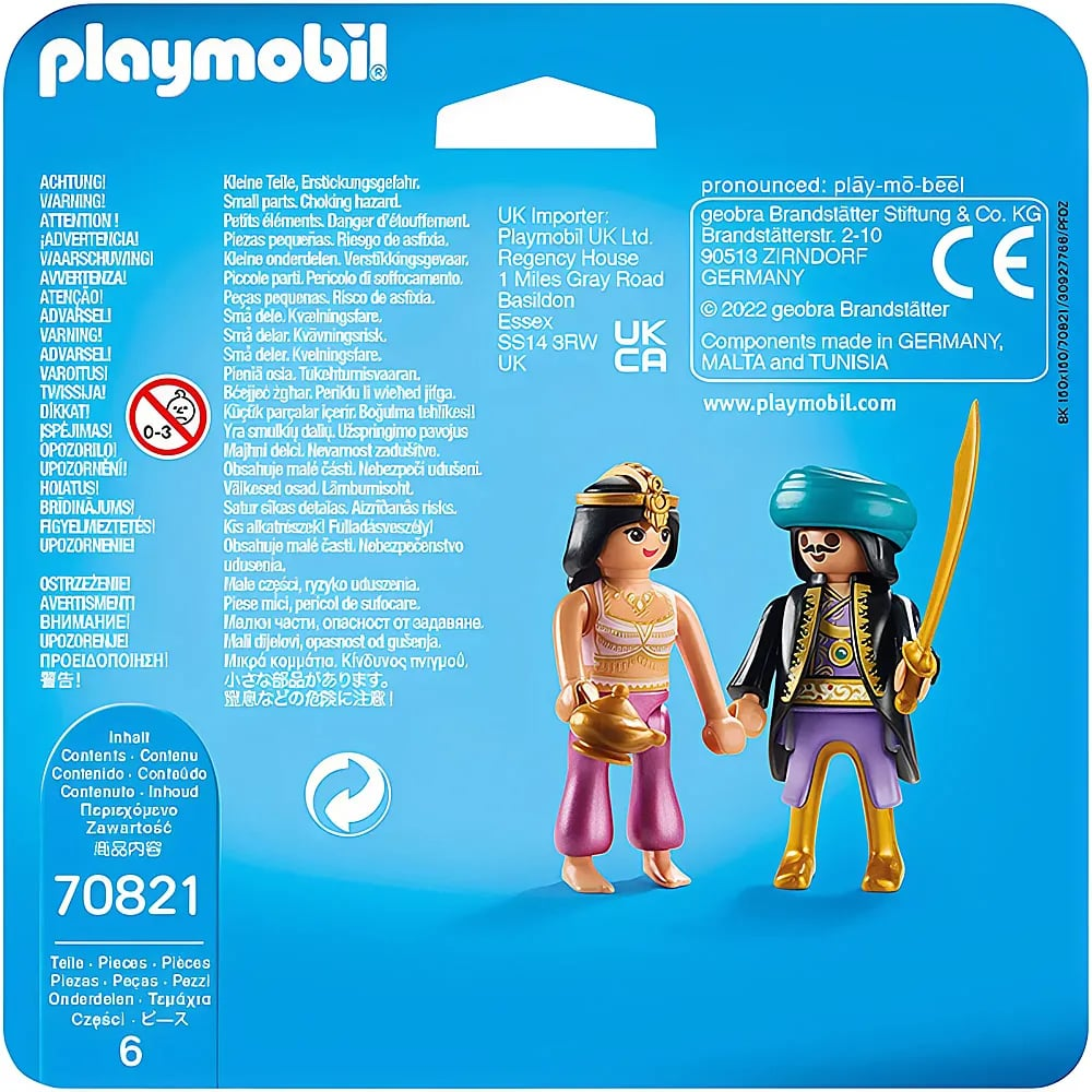 Playmobil-Spielset 70821 Verpackung mit Figuren im Vordergrund und Sicherheitshinweisen.