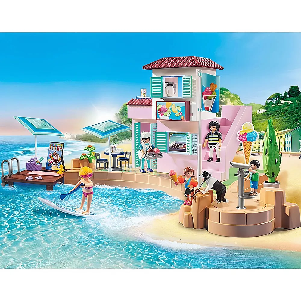 Caffè sulla spiaggia Playmobil con gelateria, personaggi, cane, tavola da surf e lettini.