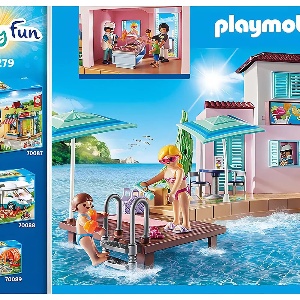 Scena di spiaggia Playmobil con piscina, molo e gelateria sullo sfondo.