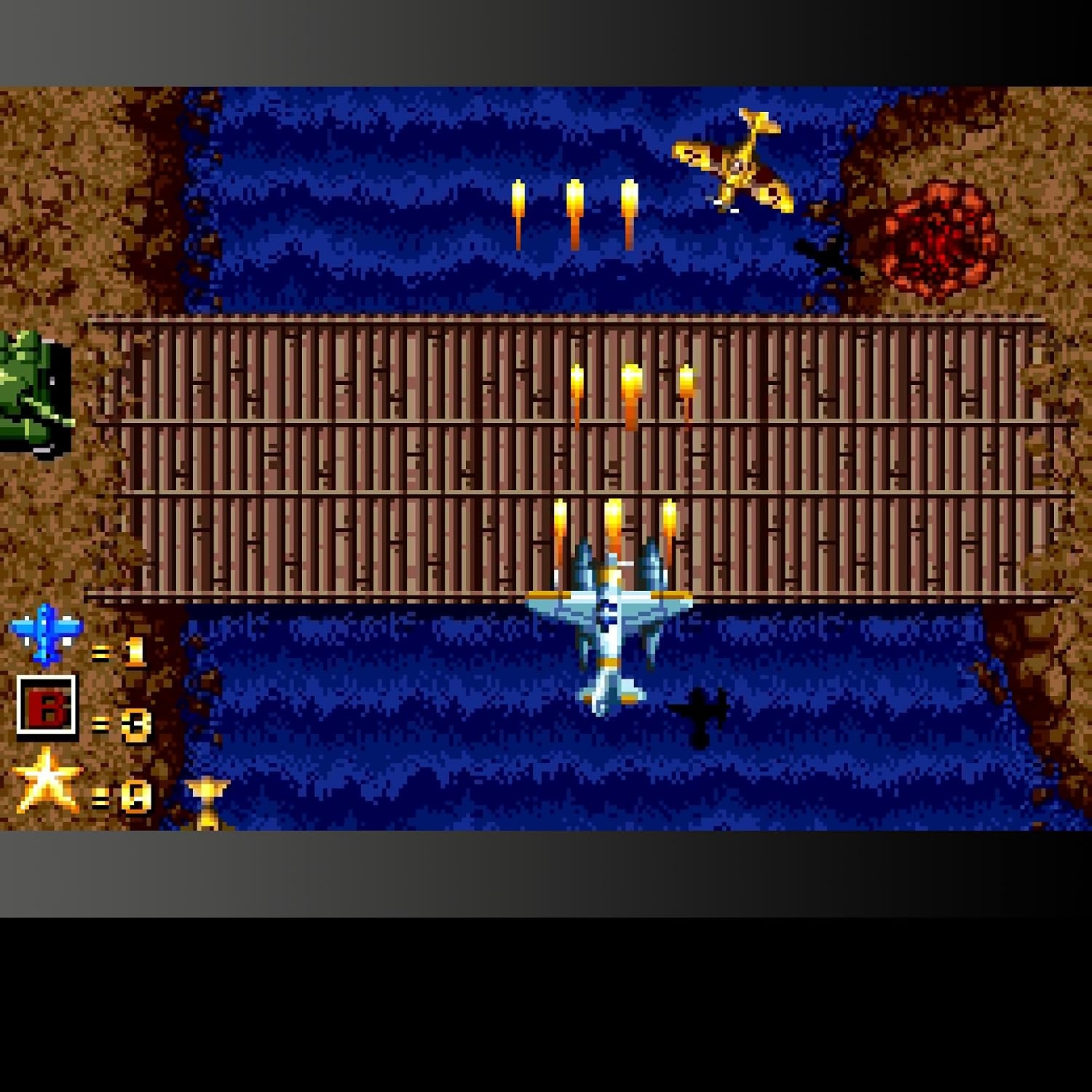 Widok z góry na retro grę zręcznościową pixel art przedstawiający samolot strzelający nad drewnianym mostem.